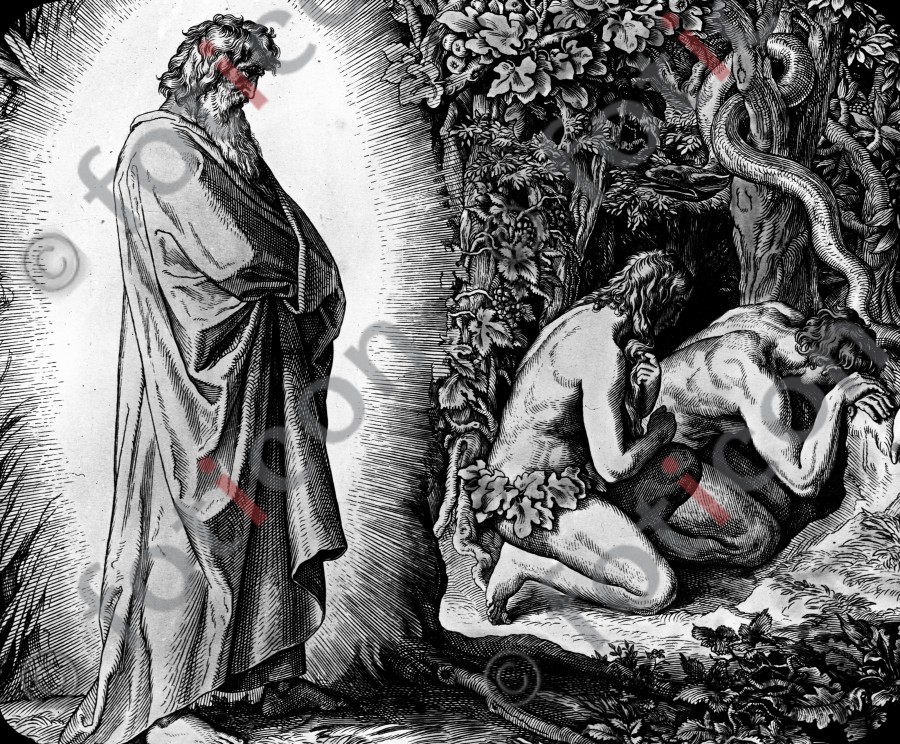 Adam und Eva verbergen sich vor dem Angesicht des Herrn | Adam and Eve hide themselves from the presence of the Lord  (foticon-simon-045-sw-009.jpg)